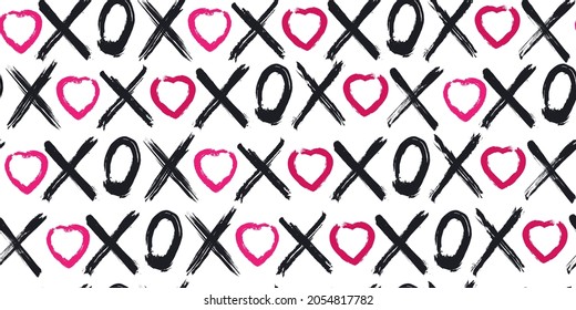 Grunge vector seamless pattern with XOXO hand written phrase, hearts isolated on white. Hugs and kisses sign. Modern ink calligraphy. Illustration design for Valentines Day, wedding invitation card