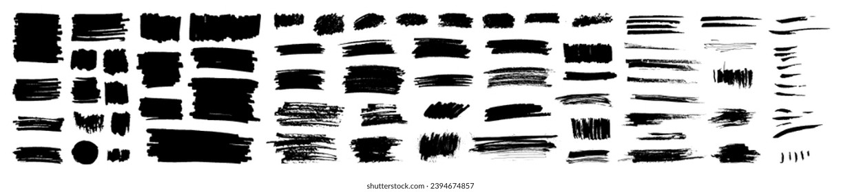 Grunge vector set of brush paint strokes. Grungy rough ink blot shape scribbles. Punk style dirty splash brushstroke background textures. High definition trace brush stroke elements. Watercolor art