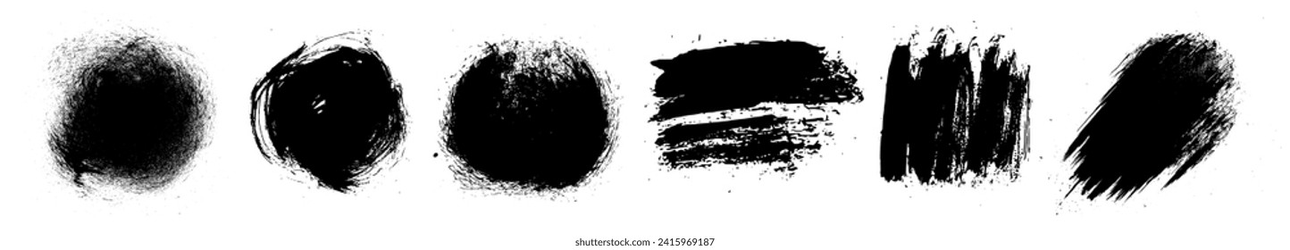 Grunge vector set of brush paint strokes. Grungy rough ink blot shape scribbles. Punk style dirty splash brushstroke background textures. High definition trace brush stroke elements. Watercolor art