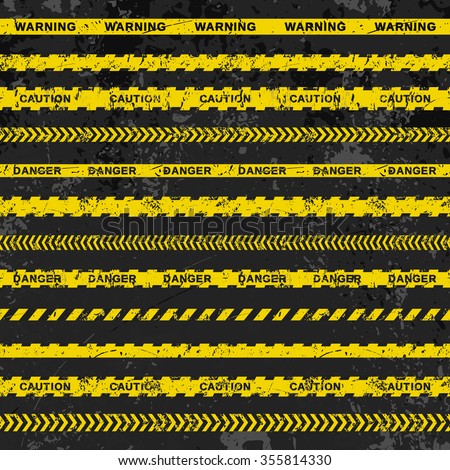Grunge vector set of caution tapes on dark background. Illustration consists of 