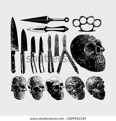 Grunge vector set, creepy skull illustrations, variety of weapons, kunai, ninja knives, butterfly knive, sharp, knucklebones, throwing weapons, grunge, dark, vandal, retro, graphic assets, icon pack