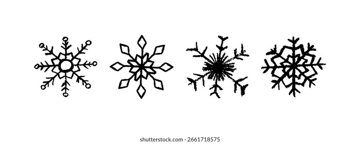 Conjunto de Vector grunge de copos de nieve negros dibujados a mano. Creada con trazos de lápiz ceroso, tiza y marcador, esta colección de cristal de Navidades pastel es perfecta para los niños y la diversión de las vacaciones de Navidad.