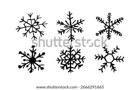 Grunge vector set of hand-drawn black snowflakes. Created with marker, chalk, and waxy crayon strokes, this pastel Christmas crystal collection is perfect for kids and Xmas holiday fun.
