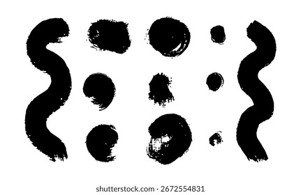 Grunge vector set of isolated brush shapes in black. Rough retro strokes with zig zag, circle, wave, curly swash forms. Ideal for graffiti logo design, splash art, banner, collage or mosaic textures.