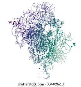 Grunge vector skull with flowers