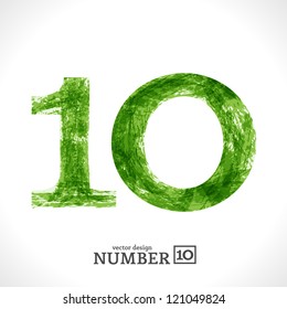 Grunge Vector Symbol 10. Green Eco Style. Number TEN.