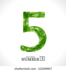 Grunge Vector Symbol 5. Green Eco Style. Number FIVE.