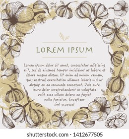 Grunge Vector template with garlic hand drawn background with vegetables circle frame with foods