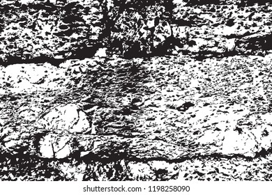 Grunge vector texture of ancient brick wall. Black grit over transparent background. Noisy surface for vintage overlay. Abstract distressed texture. Weathered stone wall surface monochrome backdrop