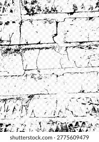 Grunge vector texture of brick wall on transparent background. Naturally distressed and weathered vertical stone surface with cracks.