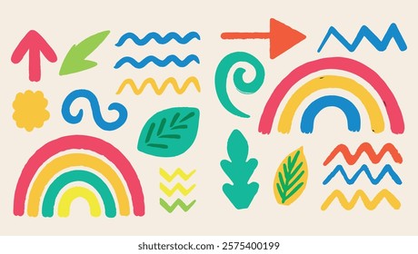 Grunge vector things, arrows,rainbow, arrows,waves,leaf,zigzag symbos. Set of hand drawn grunge colorful icons. Minimalistic and abstract things, Vector illustration.