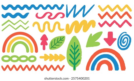 Grunge vector things, arrows,rainbow, arrows,waves,leaf,zigzag symbos. Set of hand drawn grunge colorful icons. Minimalistic and abstract things, Vector illustration.