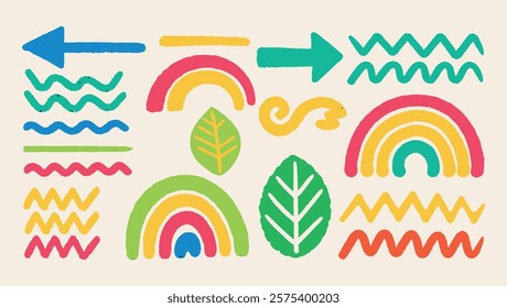 Grunge vector things, arrows,rainbow, arrows,waves,leaf,zigzag symbos. Set of hand drawn grunge colorful icons. Minimalistic and abstract things, Vector illustration.