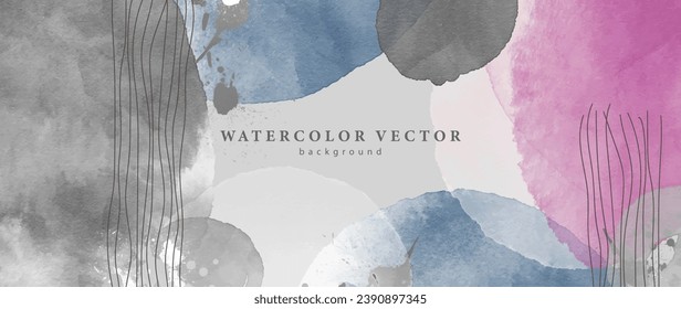Fondo de acuarela vectorial ondulado con grandes salpicaduras de color azul, gris y rosa y líneas marrones.