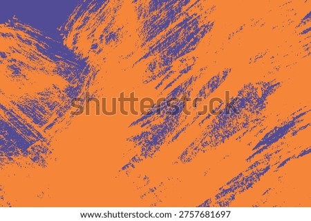 Grunge vector weathered background. Bold brush stroke textured banner. Distressed rough overlay, sports header. Purple and orange colors
