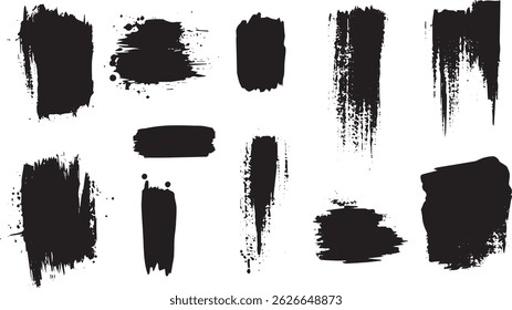 Grunge Vertical Brush Strokes and Splatter Set, Black Ink Textured Elements