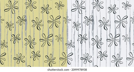 Grunge vertical Line, Floral seamless Pattern. Hand drawn ink brush doodle style stripes, flowers in grey, black. Yellow or white easy editable color background. Vector
