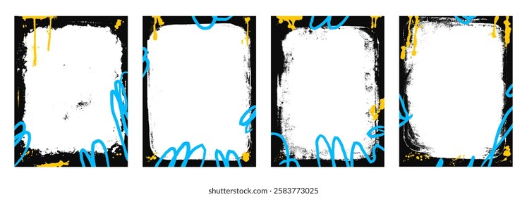 Grunge vertical poster. Spray art background frames set. Border graffiti template with airbrush lines. Ink paint punk decor for photo. Retro texture banners set overlay Vector abstract illustration.