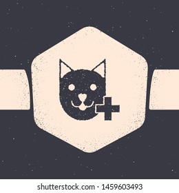 Grunge Veterinary clinic symbol icon isolated on grey background. Cross with cat veterinary care. Pet First Aid sign. Monochrome vintage drawing. Vector Illustration