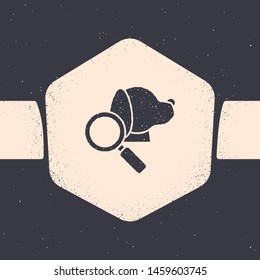 Grunge Veterinary clinic symbol icon isolated on grey background. Magnifying glass with dog veterinary care. Pet First Aid sign. Monochrome vintage drawing. Vector Illustration