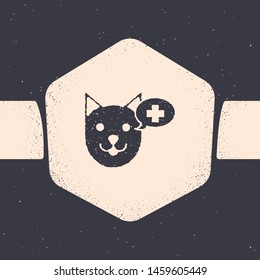 Grunge Veterinary clinic symbol icon isolated on grey background. Cross with dog veterinary care. Pet First Aid sign. Monochrome vintage drawing. Vector Illustration