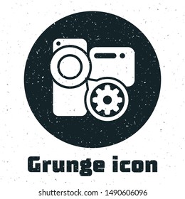 Grunge Video camera and gear icon isolated on white background. Adjusting app, service concept, setting options, maintenance, repair, fixing.  Vector Illustration