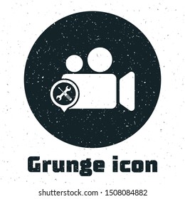 Grunge Video camera with screwdriver and wrench icon isolated on white background. Adjusting, service, setting, maintenance, repair, fixing.  Vector Illustration