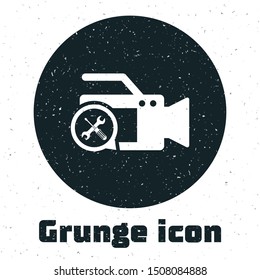 Grunge Video camera with screwdriver and wrench icon isolated on white background. Adjusting, service, setting, maintenance, repair, fixing.  Vector Illustration