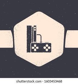 Grunge Video game console with joystick icon isolated on grey background. Monochrome vintage drawing. Vector Illustration