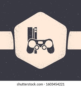 Grunge Video game console with joystick icon isolated on grey background. Monochrome vintage drawing. Vector Illustration