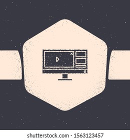 Grunge Video recorder or editor software on computer monitor icon isolated on grey background. Monochrome vintage drawing. Vector Illustration