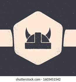 Grunge Viking in horned helmet icon isolated on grey background. Monochrome vintage drawing. Vector Illustration