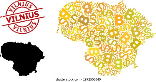 Grunge Vilnius stamp seal, and finance mosaic map of Lithuania. Red round stamp seal includes Vilnius text inside circle. Map of Lithuania collage is organized of finance, dollar,