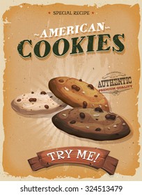 Grunge And Vintage American Cookies Poster/
Illustration of a vintage and grunge textured poster, with various flavored cartoon cookies, for sweets and desserts meals in fast food and takeout menu