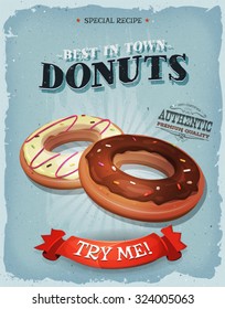 Grunge And Vintage American Donuts Poster/
Illustration of a design vintage and grunge textured poster, with american donuts, for sweets and desserts meals in fast food and takeout menu