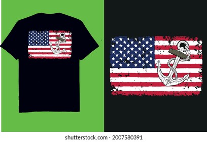 Grunge vintage american flag with anchor - t shirt design vector