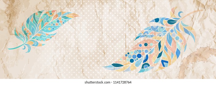 Grunge vintage background with ethnic patterned feathers