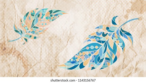 Grunge vintage background with ethnic patterned feathers