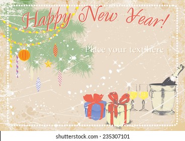 grunge vintage background with fir branch with decorations, gifts, bottle of champagne, new year greetings.vector illustration