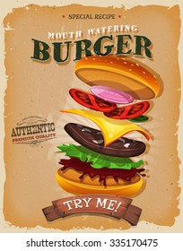 Grunge And Vintage Burger Ingredients Poster/
Illustration of a vintage and grunge textured poster, with appetizing fast food burgers, and separated layers of meat, tomatoes, onions, for takeout menu