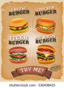 Grunge And Vintage Burger Menu/
Illustration of a design vintage and grunge textured poster, with burger sandwiches, for fast food snack and takeaway menu