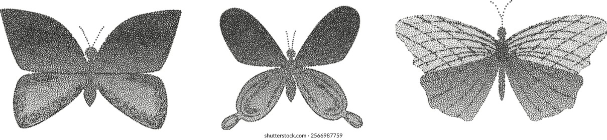 Grunge vintage butterfly in halftones. Aesthetic graphic tattoo. Gothic punk poster.Trendy elements with retro photocopy effect.