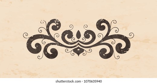Grunge vintage calligraphic vignette or divider for greeting card, wedding invitation, menu, postcard. Decorative border, swirls ornament and page decoration in retro style. Vector illustration.