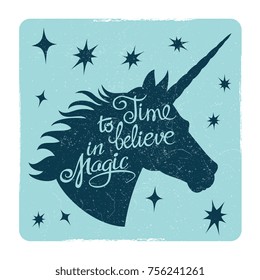 Grunge vintage card with inspiring unicorn silhouette head. Vector illustration