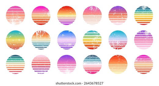 Grunge vintage colorful sunset. Striped gradient sunrise badges in 80s and 90s style. Sun and ocean view, summer vibes, surfing. Design element for print, logo or t-shirt. Vector illustration