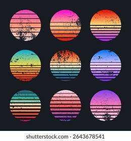 Grunge vintage colorful sunset. Striped gradient sunrise badges in 80s and 90s style. Sun and ocean view, summer vibes, surfing. Design element for print, logo or t-shirt. Vector illustration