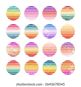 Grunge vintage colorful sunset. Striped gradient sunrise badges in 80s and 90s style. Sun and ocean view, summer vibes, surfing. Design element for print, logo or t-shirt. Vector illustration