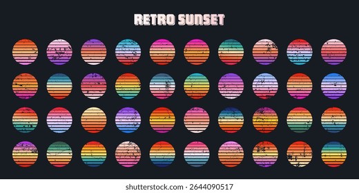 Grunge vintage colorful sunset. Striped gradient sunrise badges in 80s and 90s style. Sun and ocean view, summer vibes, surfing. Design element for print, logo or t-shirt. Vector illustration