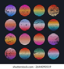 Grunge vintage colorful sunset. Striped gradient sunrise badges in 80s and 90s style. Sun and ocean view, summer vibes, surfing. Design element for print, logo or t-shirt. Vector illustration