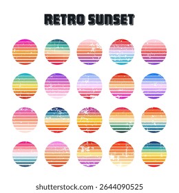 Grunge vintage colorful sunset. Striped gradient sunrise badges in 80s and 90s style. Sun and ocean view, summer vibes, surfing. Design element for print, logo or t-shirt. Vector illustration